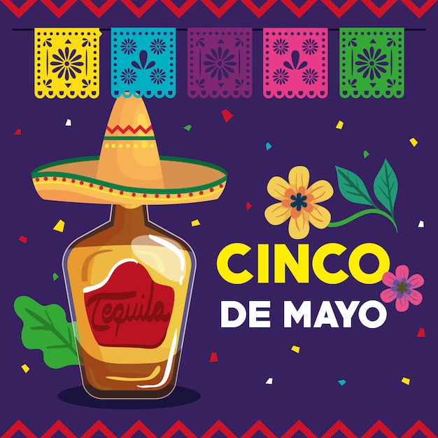 Cinco de mayo greeting card with bottle tequila and decoration vector illustration design