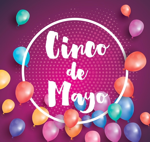 비행 풍선 및 흰색 프레임 Cinco de Mayo 인사말 카드. 벡터 일러스트 레이 션. 5월 5일 - 멕시코에서 휴가.