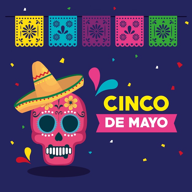 cinco de mayo greeting card with skull and decoration