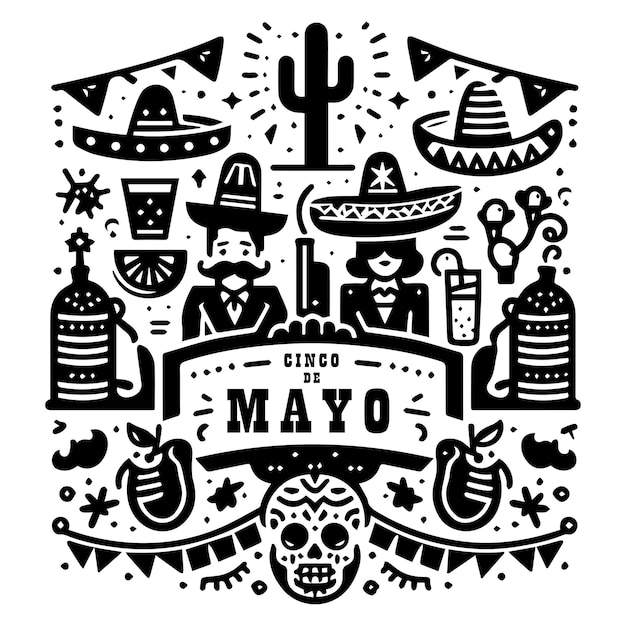 Вектор cinco de mayo greetings black and white design drawing