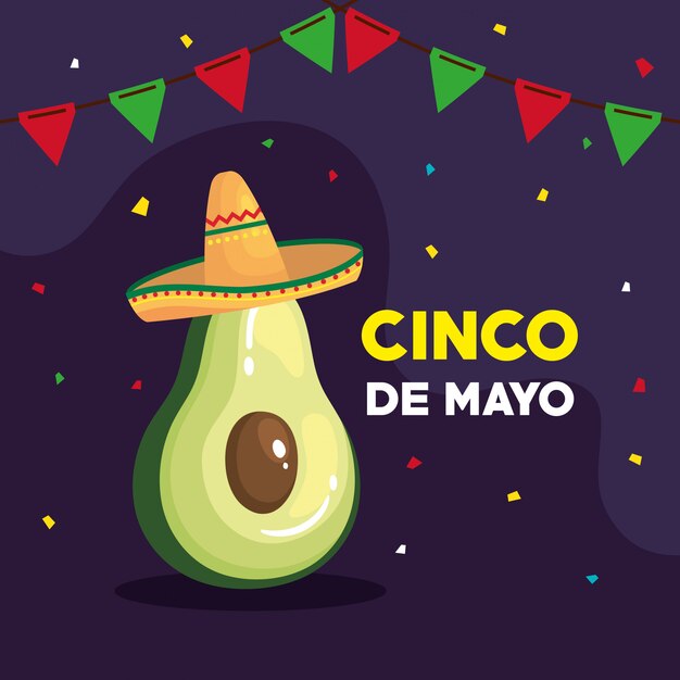Cinco de mayo-groetkaart met avocado en ontwerp van de decoratie het vectorillustratie