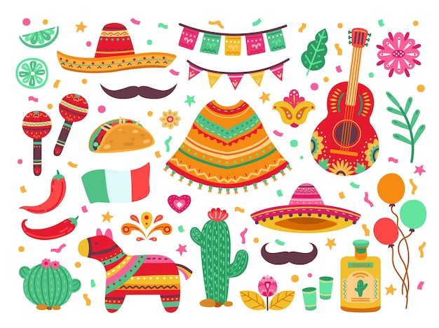 Vector cinco de mayo. guitar party, isolated mexican fiesta decoration. sombrero cactus, latin birthday fest elements, spanish pinata vector set. fiesta mexican, guitar and pepper illustration