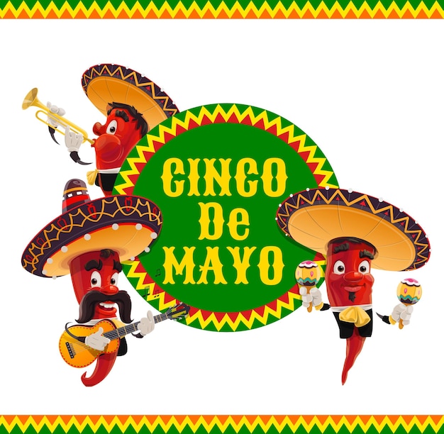 Cinco de Mayo 아이콘, 멕시코 솜브레로 기타를 연주하는 jalapenos 뮤지션