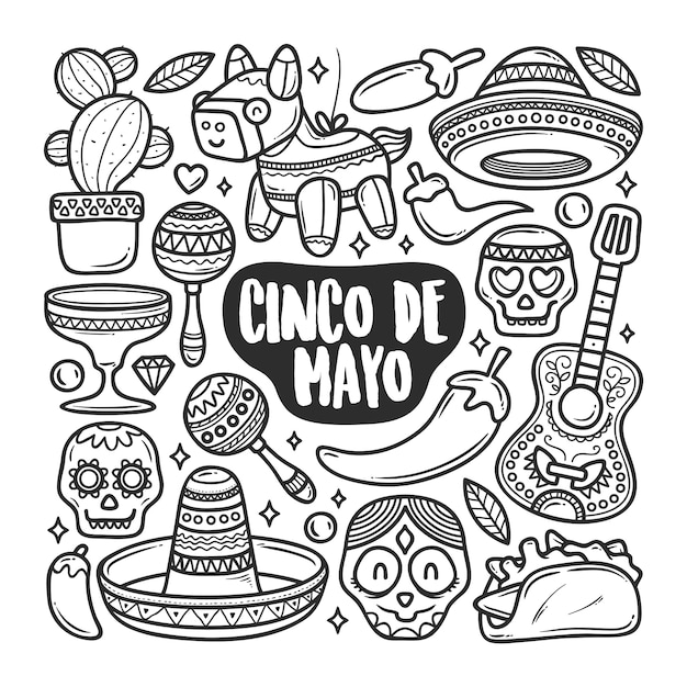 Colorazione di doodle disegnato a mano delle icone di cinco de mayo