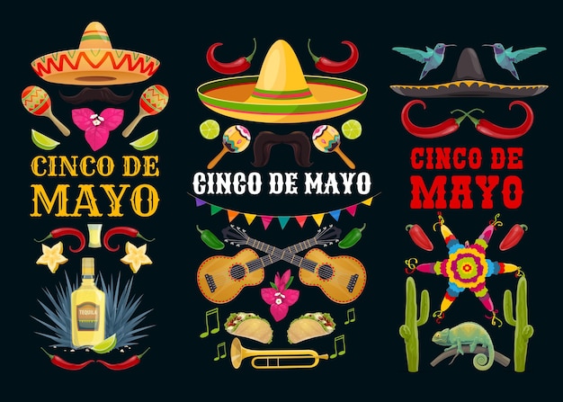 Cinco de mayo иконы пиньята, колибри и перец халапеньо с усами и сомбреро