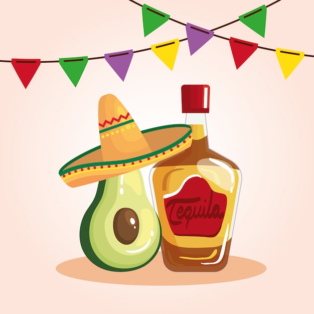 Illustrazione di cinco de mayo con bottiglia di tequila e decorazione