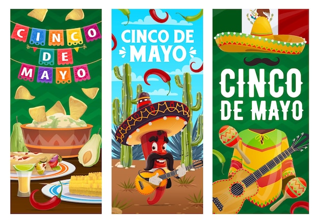 Vector cinco de mayo jalapeno chili peper muzikant in sombrero gitaarspelen