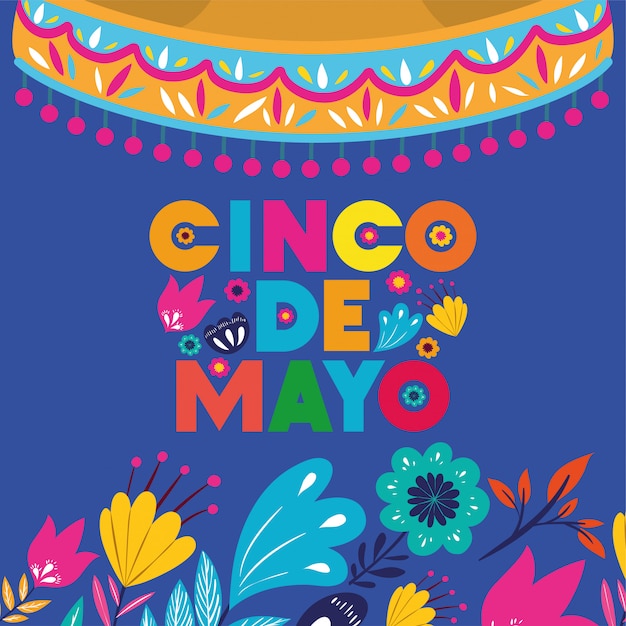 Cinco de mayo kaart met bloemen en hoed