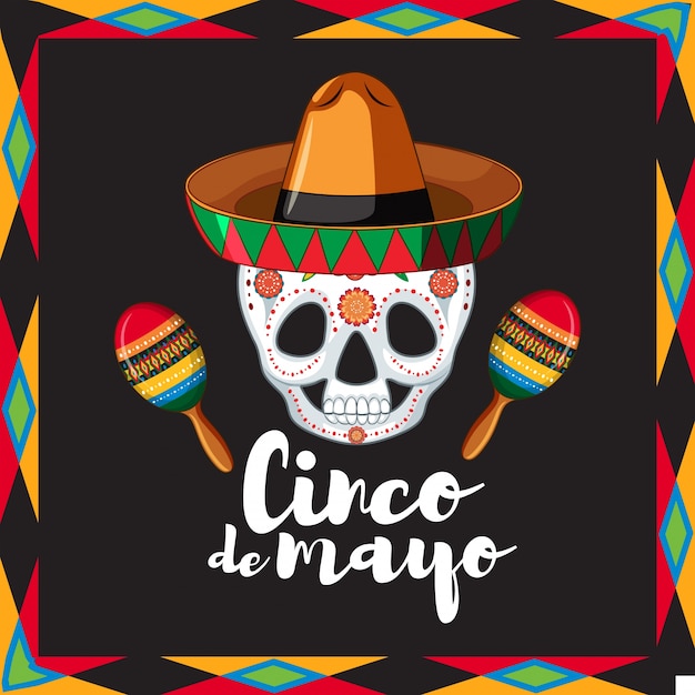 Cinco de mayo-kaartsjabloon met schedel die hoed draagt