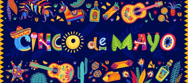 シンコ・デ・マヨ (Cinco de Mayo) はメキシコの祝日のバナーに描かれています