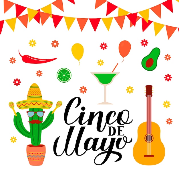 Vettore cinco de mayo lettering con clip art tradizionale messicano sombrero cactus pepe chitarra avocado margarita maracas modello vettoriale per invito a festa biglietto di auguri banner poster flyer