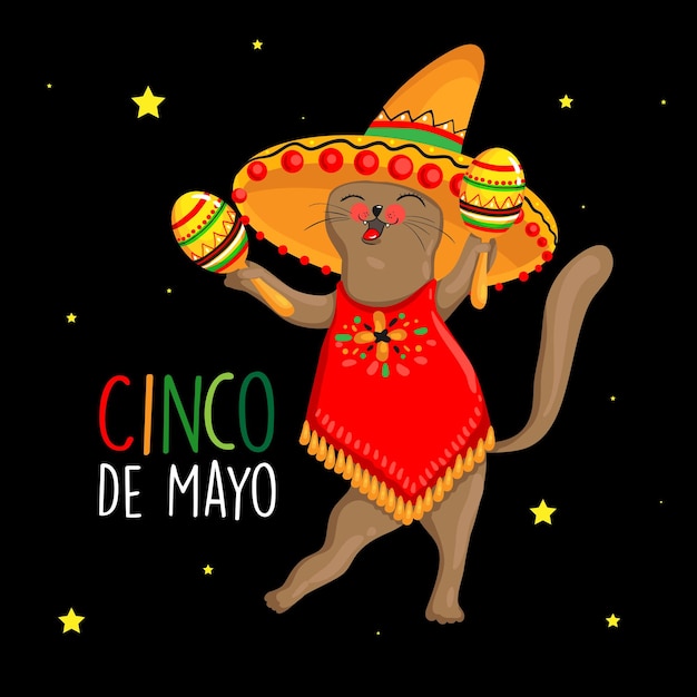 Logo cinco de mayo con scritte e personaggio gatto messicano che indossa sombrero illustrazione vettoriale eps 10