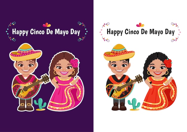 Vector cinco de mayo in may 5 federal holiday in mexico with cartoon boy and girl in mexican outfits for celebrating cinco de mayo event card template vector