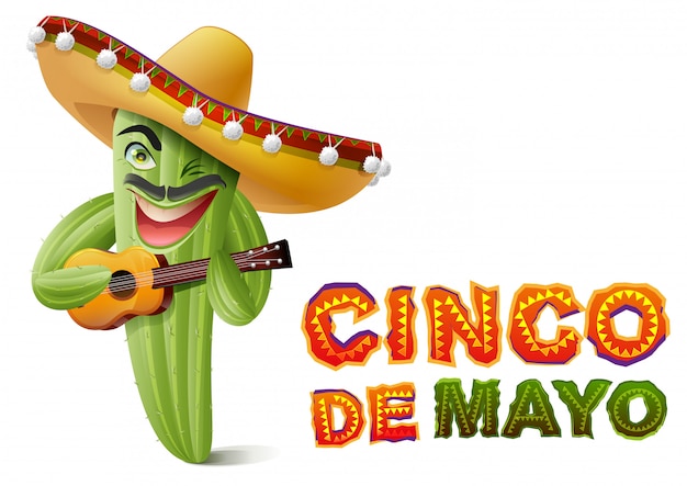Cinco de mayo. mexican cactus in sombrero playing guitar. greeting card template