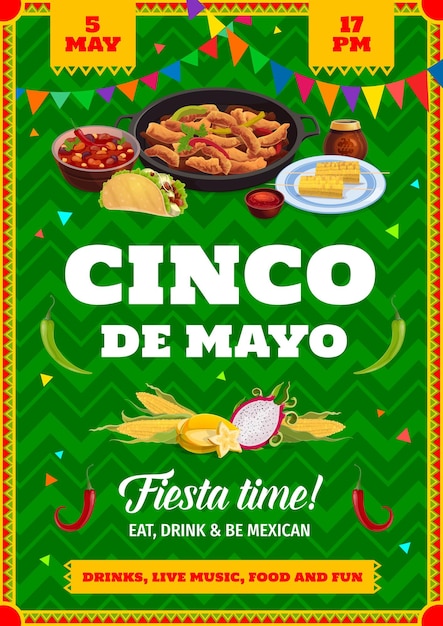 Мексиканский праздничный флаер cinco de mayo векторное приглашение на празднование фиесты с блюдами tex mex, taco fajitas, фасолевым супом, кукурузным драконом или звездными фруктами и соусом, афиша традиционной мексиканской вечеринки