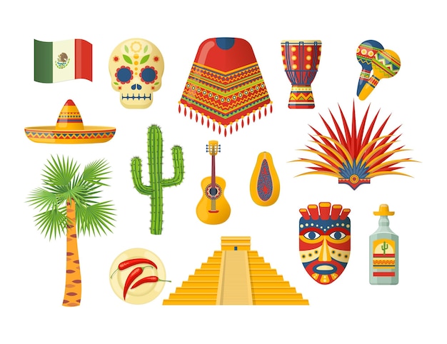 Cinco de mayo set messicano. elementi latini tradizionali sombrero, teschio di zucchero, maracas, bandiera, maschera etnica, cactus, carnevale, chitarra, piramide, palma, cactus, peperoncino, tequila, guava vettore piatto