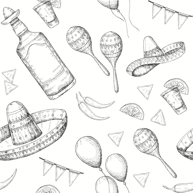 Cinco de mayo naadloze patroon met doodle hand getekende mexicaanse symbolen-chili peper, maracas, sombrero, nacho's, tequila, ballonnen, vlag krans. schetsen.