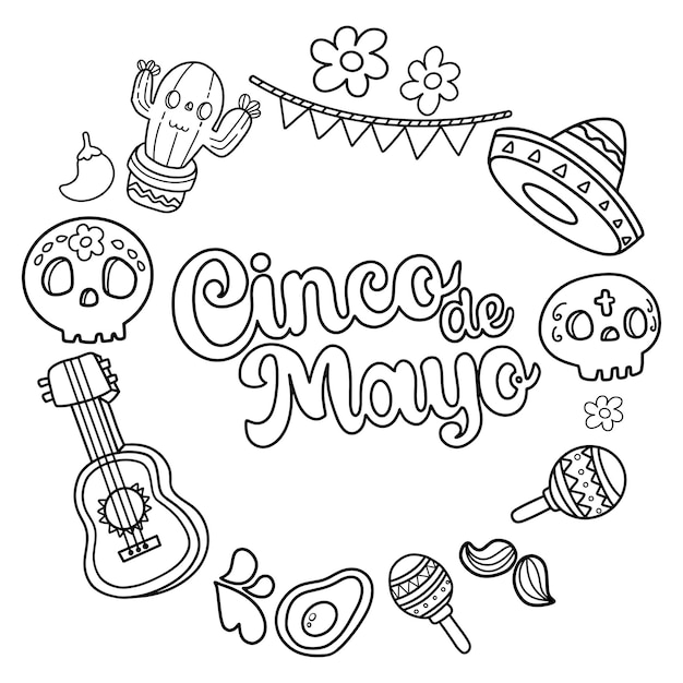 Cinco de mayo contorno disegnato a mano doodle colorazione