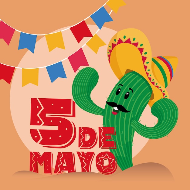 Cinco de mayo poster Cactus cartoon personage Vector illustratie