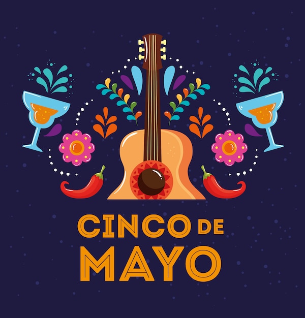 Vector cinco de mayo poster met gitaar en ornamenten