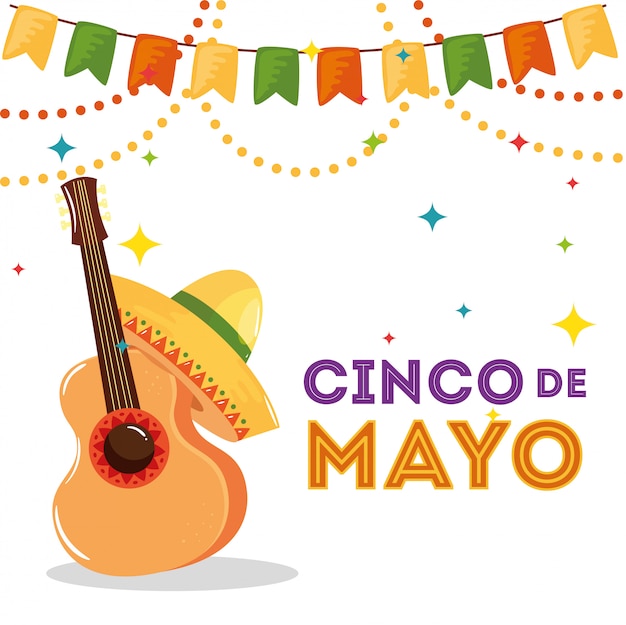 Cinco de mayo poster met gitaar en ornamenten