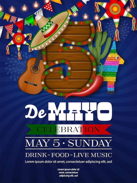 벡터 cinco de mayo 포스터와 다섯 개의 모양의 나무 표지판 sombrero와 당나귀 pinata