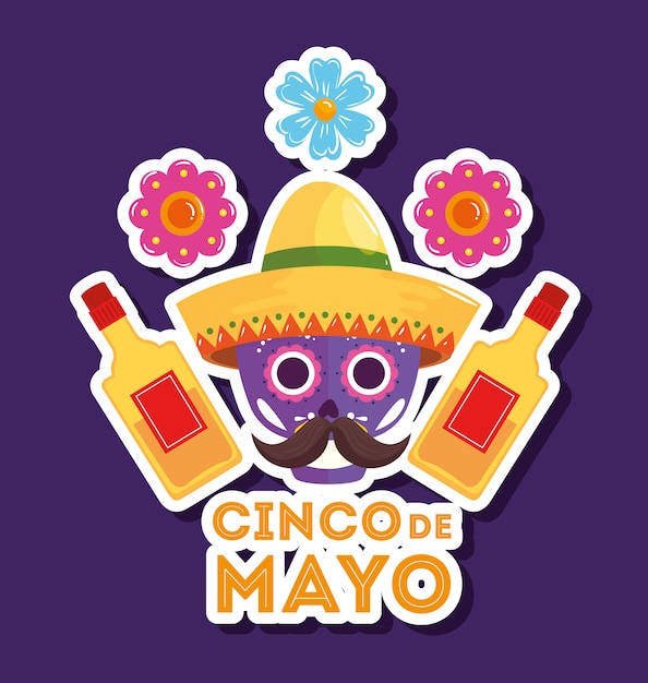 Cinco de mayo poster with skull and ornaments