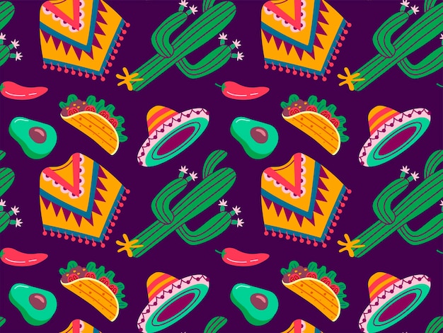 Vector cinco de mayo seamless pattern may 5 federal holiday in mexico symbols of mexican culture on a violet background