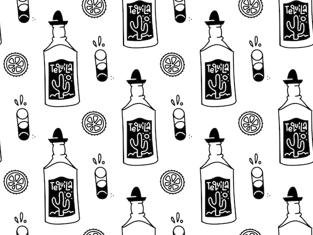 Cinco de mayo seamless pattern with doodle style mexican symbols tequila bottle glass lime linear ha