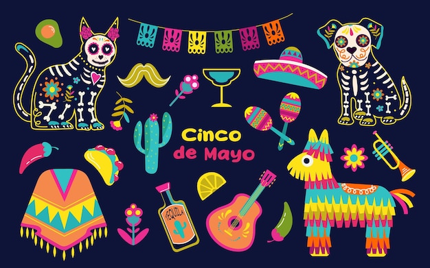 Vector cinco de mayo sticker set 5 mei federale feestdag in mexico versierde schedels bloemen skelet