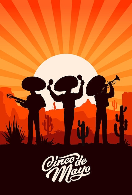 Cinco de mayo vakantie Mexicaanse mariachi muzikant silhouetten bij zonsondergang in de woestijn Vector verticale poster met trio van mannen dragen sombrero spelen maracas gitaar en trompet bij verlaten schemering landschap