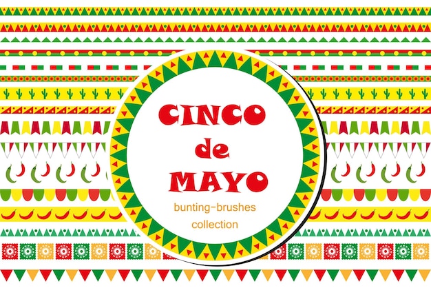 Cinco de Mayo viering set randen, ornamenten, bunting. Vlakke stijl, geïsoleerd op een witte achtergrond. Vectorillustratie, illustraties.