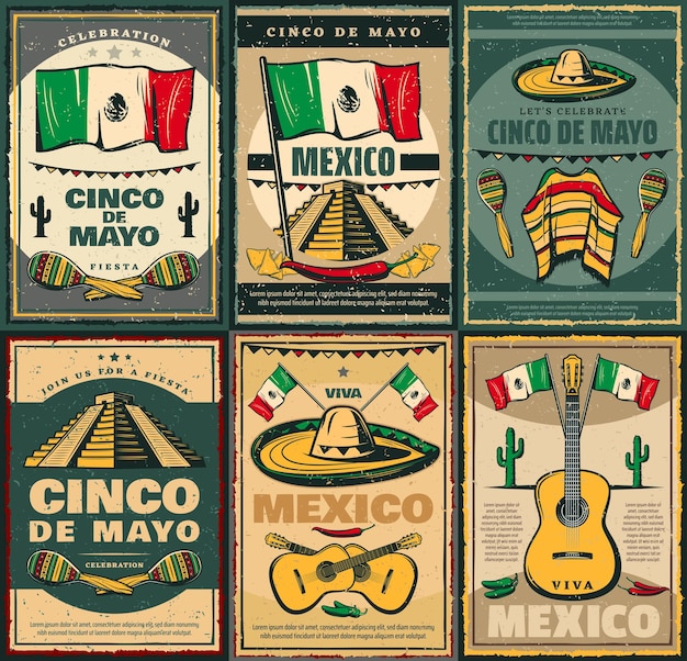 シンコ・デ・マヨとビバ・メキシコのレトロなポスターデザイン
