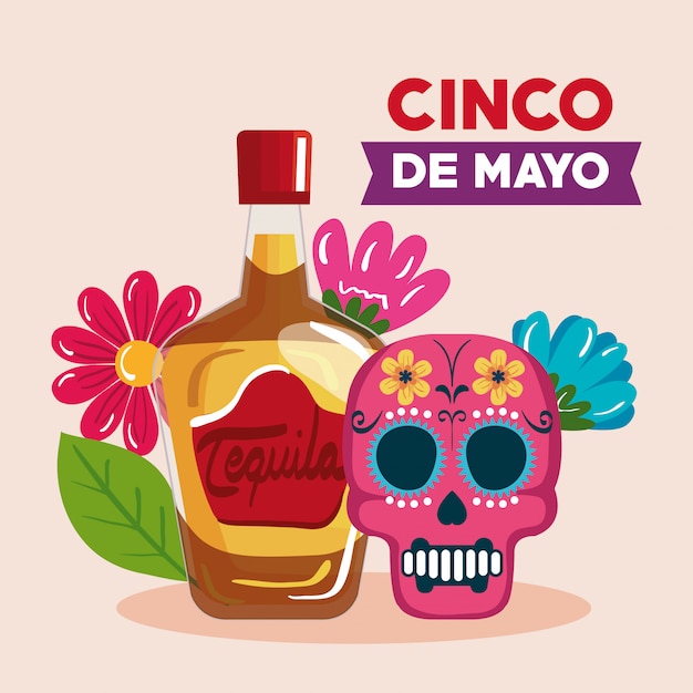 Cinco de mayo con bottiglia di tequila e teschio decorato illustrazione