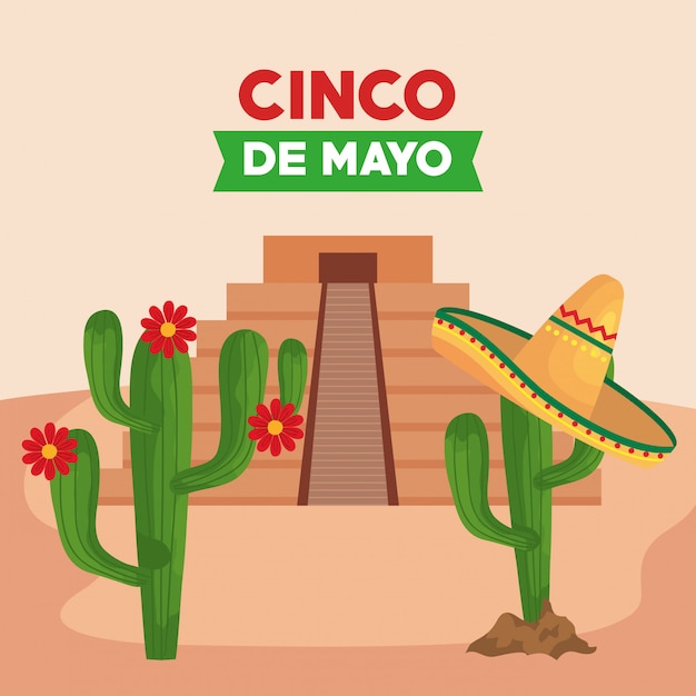 Vector cinco de mayo with pyramid and cactus  illustration