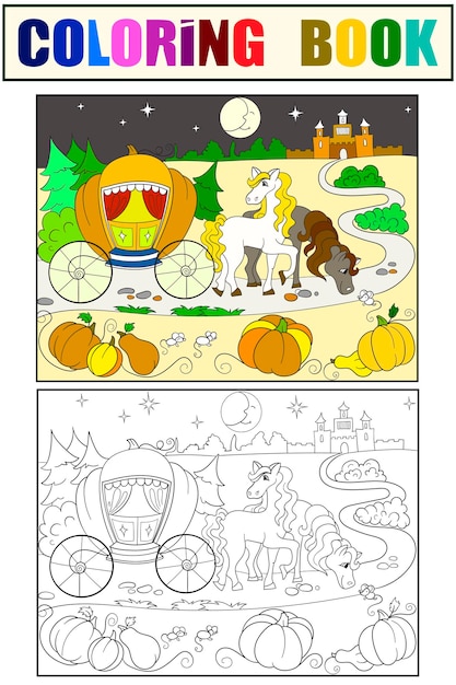 Libro da colorare di fiabe di cenerentola per il vettore di cartoni animati per bambini colore bianco e nero