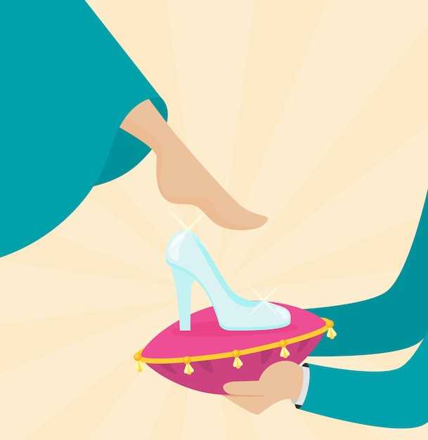 Cinderella tries on the glass slipper vector flat