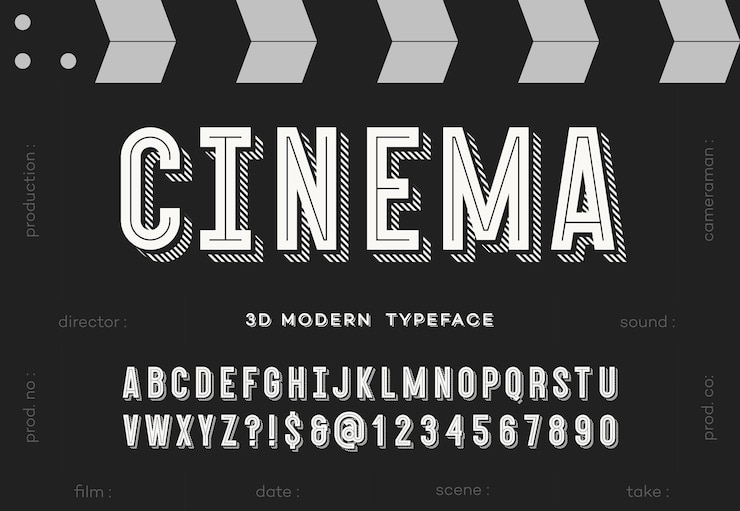 Vector cinema 3d modern typeface trendy typography sans serif style alphabet for party poster printing on fabric t shirt promotion decoration stamp label special offer cool font 10 eps