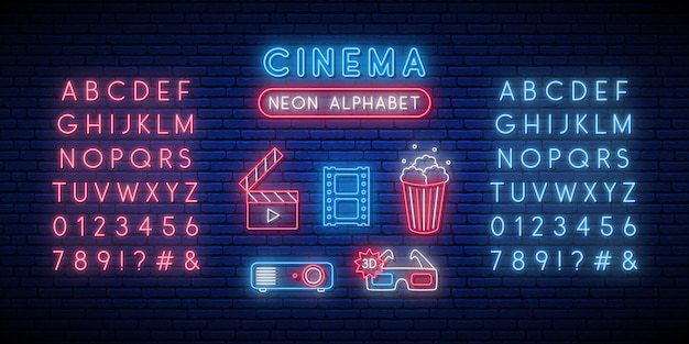 Set di insegne al neon cinema e alfabeto.