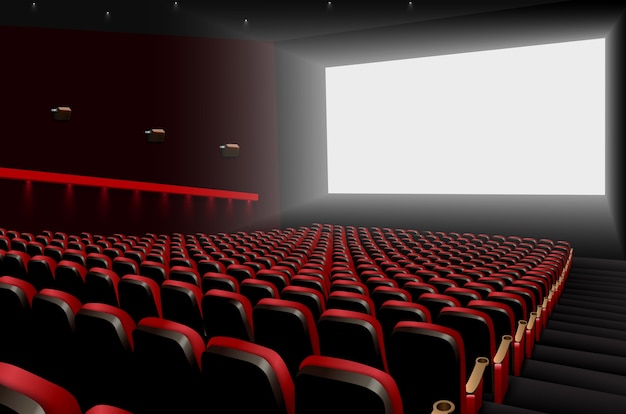 Cinema auditorium with red seats and white blank screen