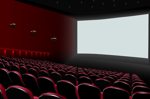 Cinema auditorium con sedili rossi e schermo bianco bianco