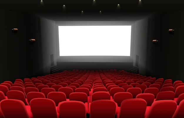 Cinema auditorium with white blank bright screen