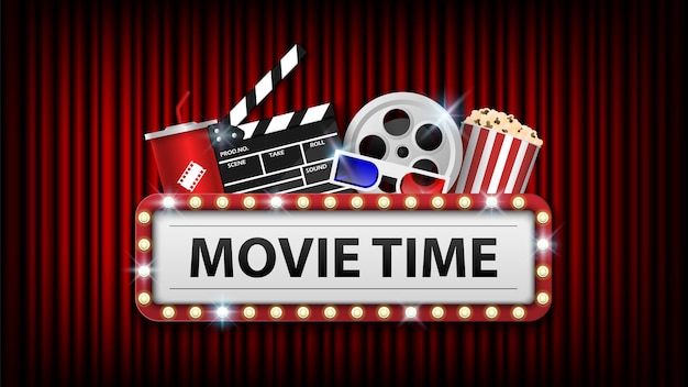 ベクトル シネマ背景コンセプト、赤いカーテンの背景に映画館オブジェクトと電球フレーム、ベクトルイラストと映画の時間
