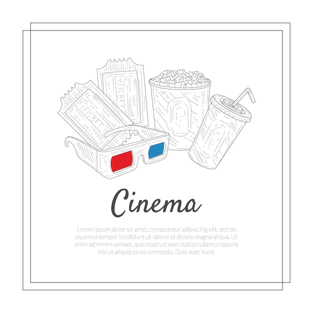 Vector cinema banner template tickets 3d gassen soda drink popcorn filmsymbolen met de hand getekende vectorillustratie