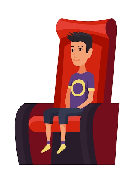 Cinema Boy sitting in chair at movie theater auditorium Children watching film or motion picture Viewer or moviegoer Flat cartoon vector illustration