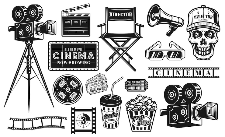Vector cinema and cinematography big set of vector black objects or design elements in vintage style isolated on white background