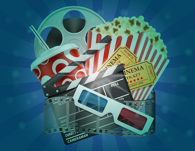 Vector cinema concept popcorn filmkaartjes en 3d-bril om te bekijken stock illustratie