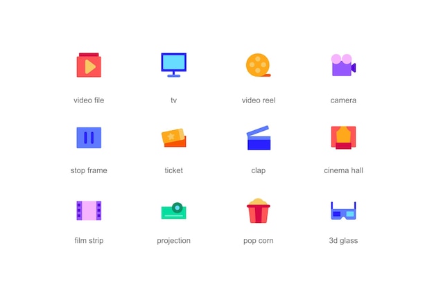 Cinema concept of web icons set in color flat design Pack of video file tv camera stop frame