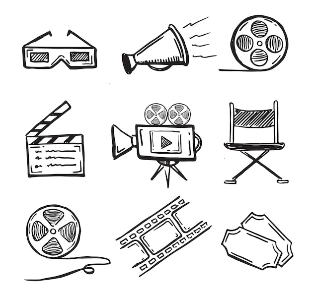 Cinema decorative symbols set doodle style hand drawn