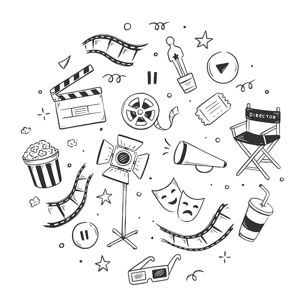 Cinema doodle movie background hand drawn sketch film cinema element design clapperboard popcorn film tape doodle vector